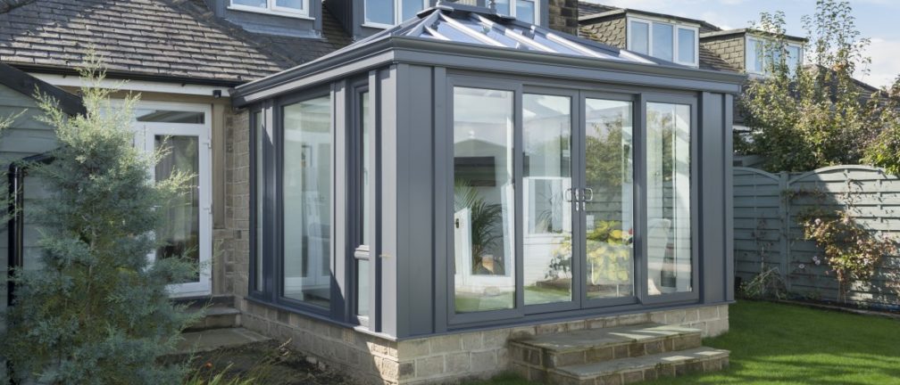 A modern grey conservatory for a home in Kent.